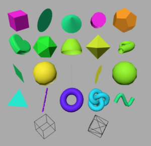 Sample of colorful 3D objects multiple colors and shapes that can be animated. 