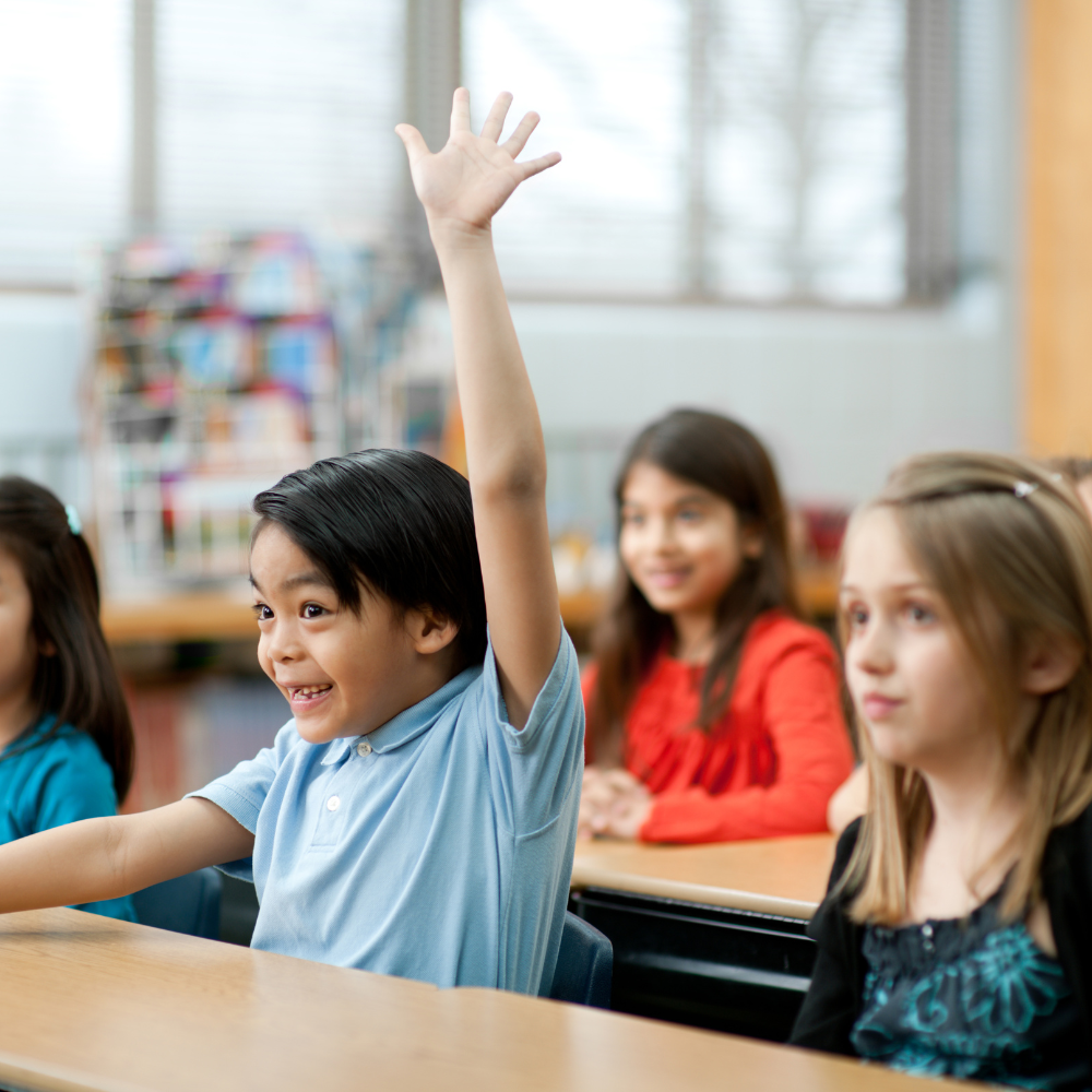 A young student excitedly raising his hand in his classroom