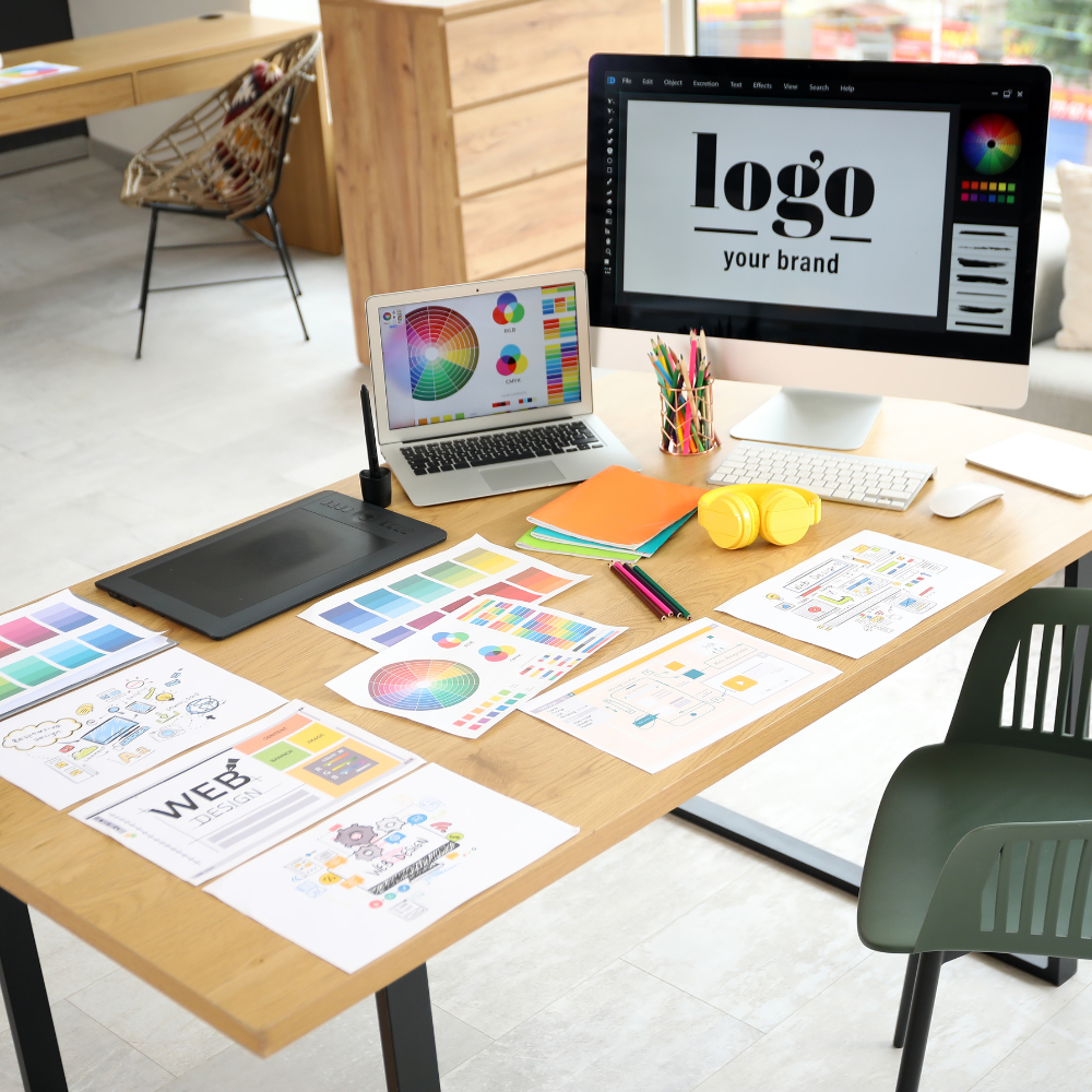 branding materials spread out on a table, with computer screen showing "your logo here"