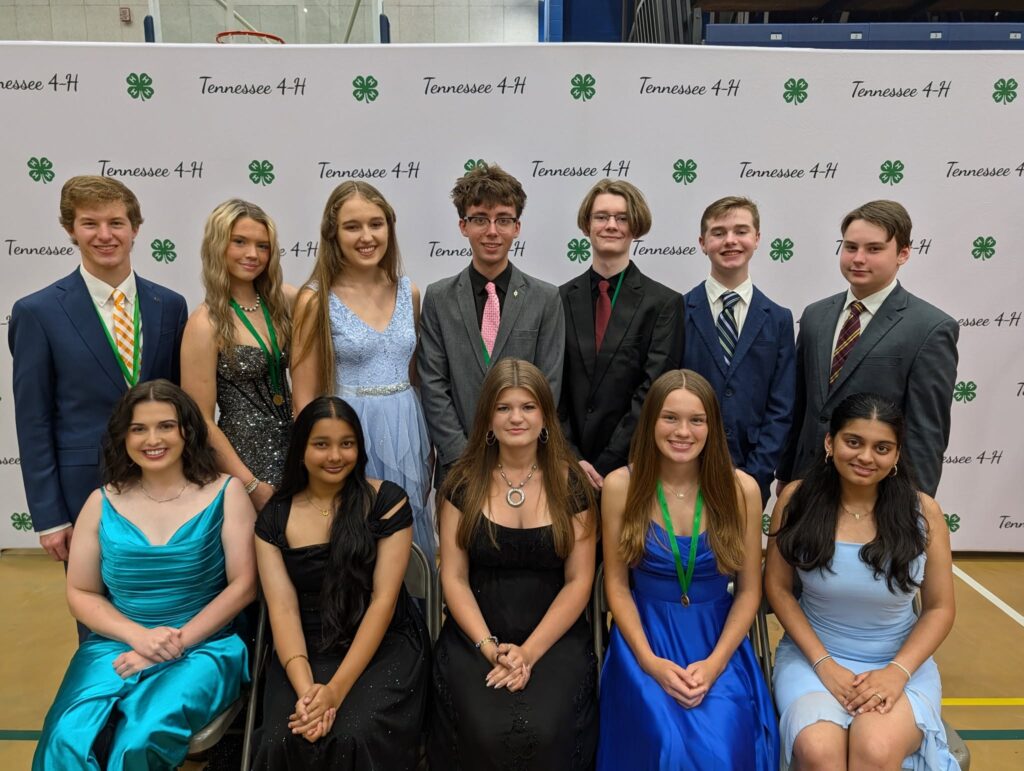 Students posing in a photo in formal prom-style dress, some students are wearing medals
