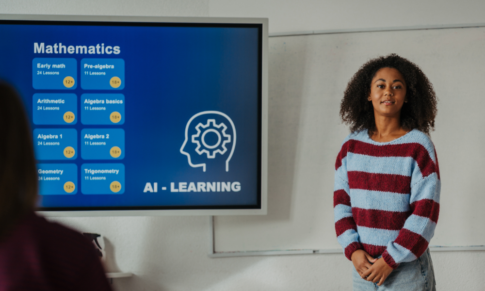 woman giving presentation on AI